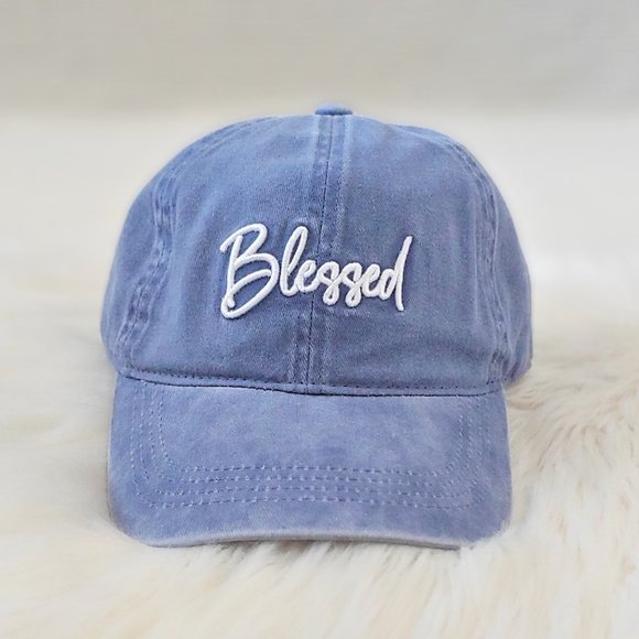 Blush & Belle Accessories - Blessed Vintage Wash Denim Adjustable Baseball Cap